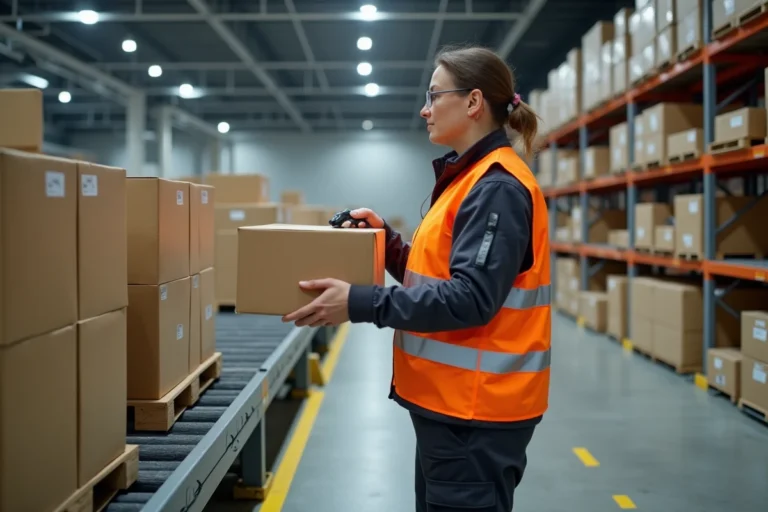 Employée logistique scannant un colis sur un tapis roulant dans le hub de tri de Harnes, entrepôt de distribution e-commerce