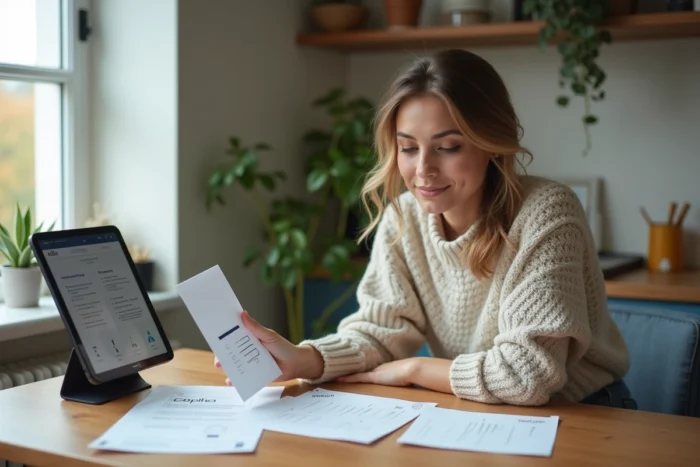 Jeune entrepreneure créant un site web professionnel pour sa petite entreprise depuis son bureau à domicile