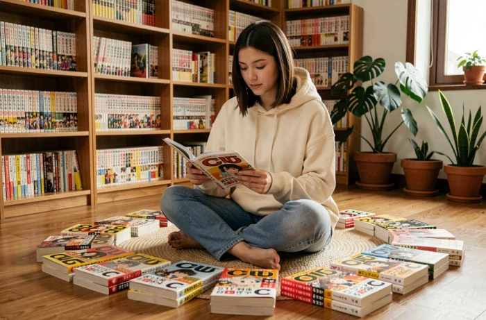 Jeune femme lisant un manga célèbre commençant par C, entourée d'une collection de mangas sur le sol d'un appartement cosy