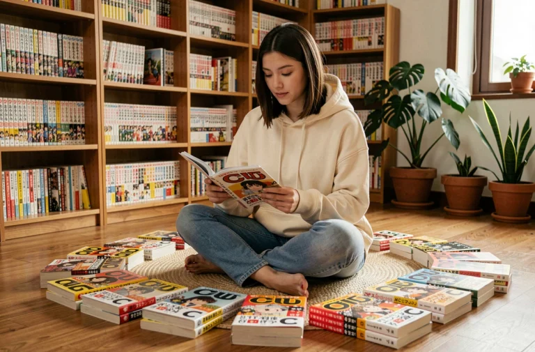 Jeune femme lisant un manga célèbre commençant par C, entourée d'une collection de mangas sur le sol d'un appartement cosy