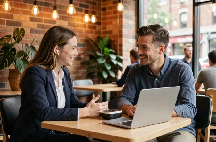 Deux jeunes professionnels discutant des dernières innovations technologiques autour d'appareils connectés dans un café urbain