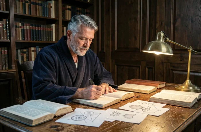 Homme écrivant dans un journal de rêves dans une bibliothèque intimiste entourée de livres de psychologie et de symboles ésotériques