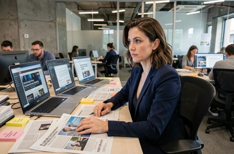 Journaliste femme dans une salle de rédaction moderne entourée d'écrans d'actualités et de documents imprimés