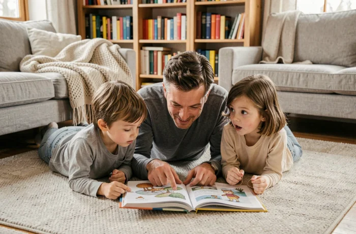 Père et enfants allongés sur un tapis lisant des livres illustrés ensemble, activité calme et éducative en famille à la maison