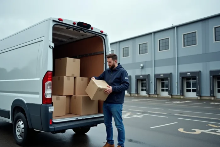Livreur chargeant des colis Vinted et e-commerce dans un camion de livraison devant le hub logistique de Harnes, Pas-de-Calais