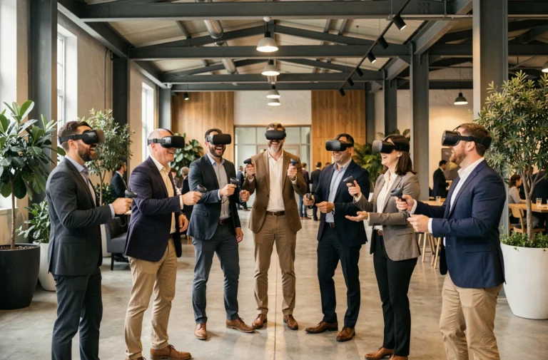 Groupe de professionnels en réalité virtuelle lors d'un événement d'entreprise innovant