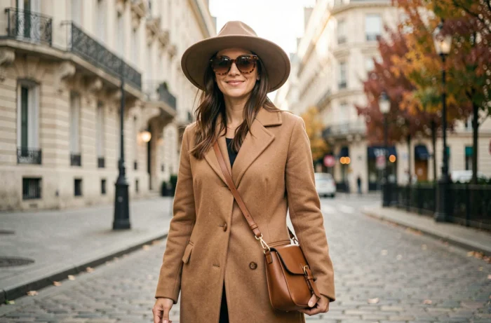Femme élégante dans une rue parisienne pavée portant chapeau à large bord, lunettes de soleil oversize et sac bandoulière en cuir cognac