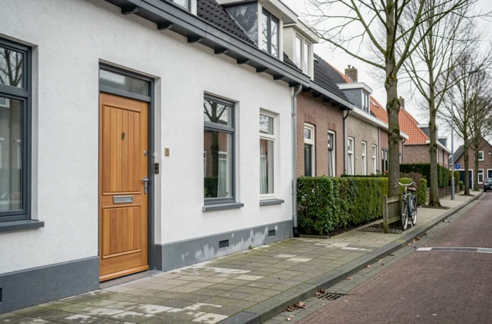 Maison belge rénovée avec isolation thermique par l'extérieur et enduit blanc dans une rue résidentielle flamande