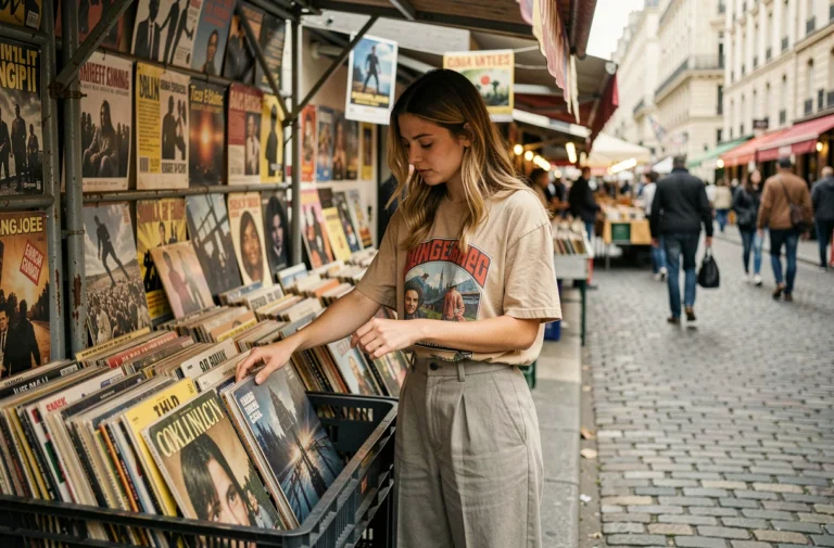 Jeune femme parcourant des disques vinyle sur un marché urbain parisien, ambiance culturelle et musicale en plein air
