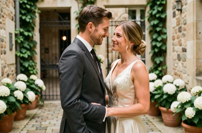 Couple élégant en tenue de mariage souriant dans une cour pavée française avec murs en pierre et hortensias blancs