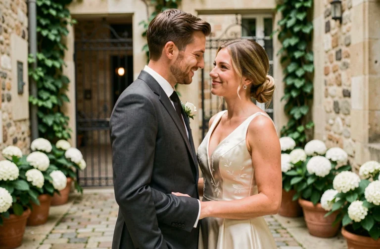 Couple élégant en tenue de mariage souriant dans une cour pavée française avec murs en pierre et hortensias blancs