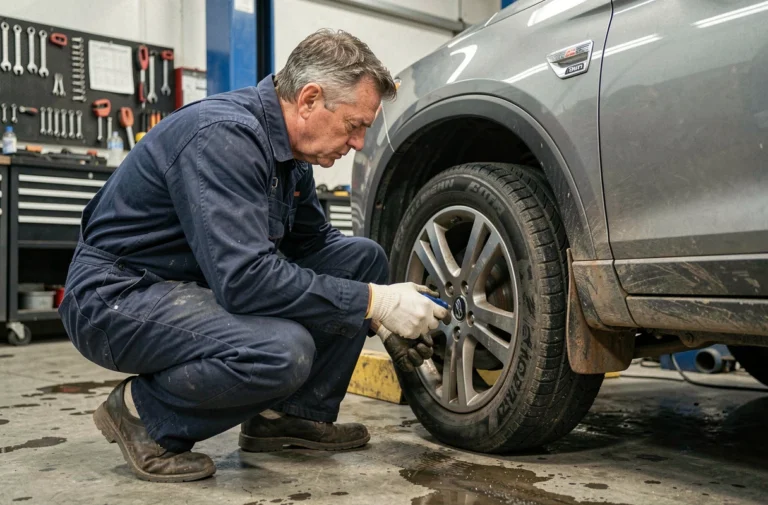 Mécanicien professionnel inspectant l'état d'un SUV d'occasion dans un garage automobile
