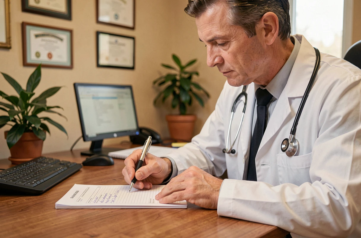 Médecin généraliste rédigeant une ordonnance pour une analyse de sang dans son cabinet médical