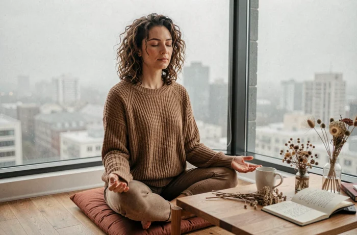 Femme en méditation assise sur un coussin dans un appartement minimaliste, explorant les messages cachés de ses rêves