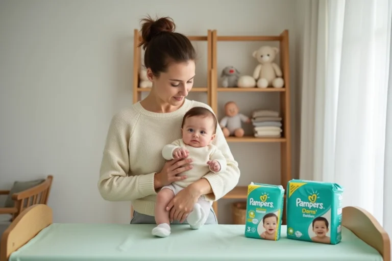 Jeune mère comparant différentes gammes de couches Pampers sur une table à langer dans une chambre de bébé cosy