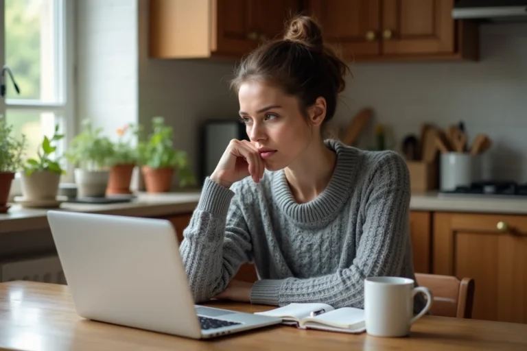 Mère de famille consultant le site Maficheclasse.com sur son ordinateur portable dans sa cuisine, expression préoccupée