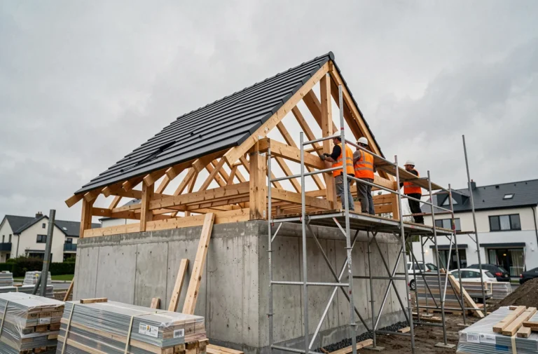 Chantier VEFA en cours avec charpente bois et couverture de toiture posée, ouvriers en gilets orange sur échafaudage