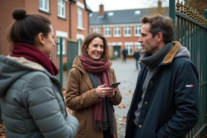 Groupe de parents d'élèves discutant devant les grilles d'une école primaire française, smartphone affichant un site de notation d'écoles