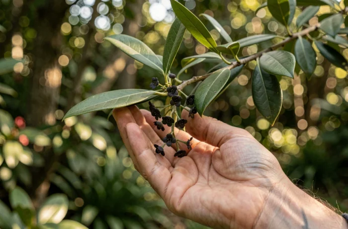 Une main tenant une branche fleurie de pittosporum kohuhu pour en sentir le parfum dans un jardin, illustration du décryptage olfactif de sa floraison