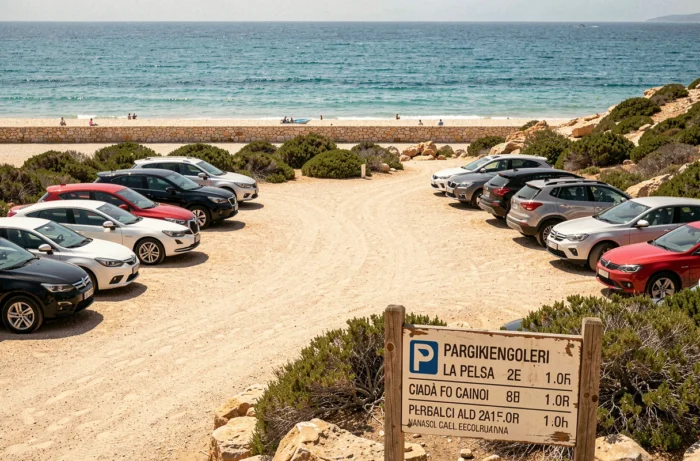Parking de la plage La Pelosa à Stintino avec panneau de tarifs et vue sur la mer turquoise en Sardaigne