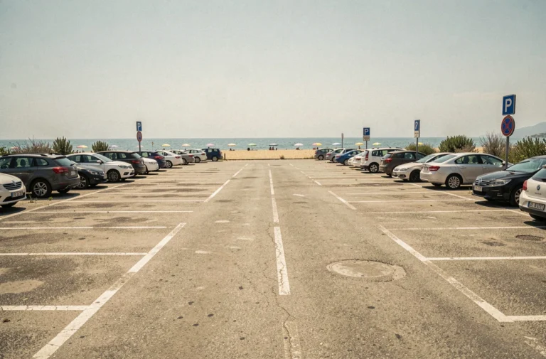Parking extérieur près de la plage de Pise avec vue sur la mer Tyrrhénienne et panneaux de stationnement italiens