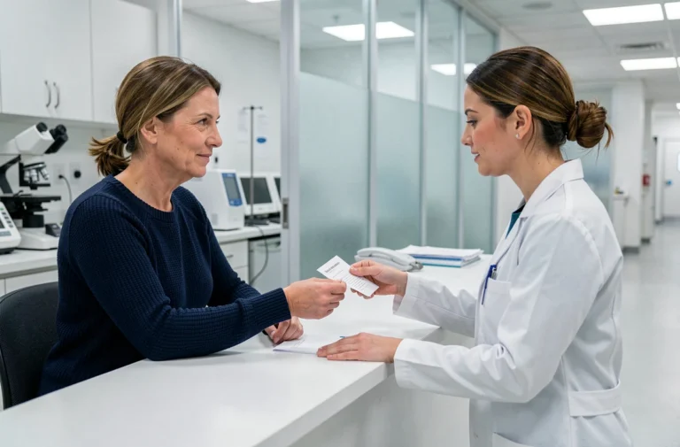 Patiente remettant une ordonnance médicale à une technicienne de laboratoire à l'accueil d'un centre de prises de sang