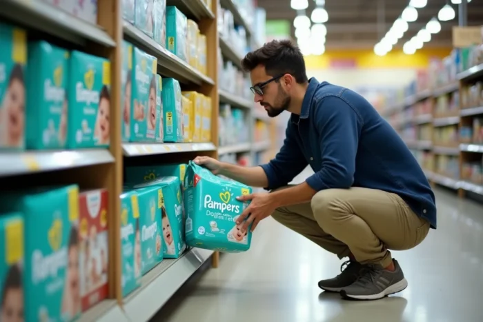 Père examinant attentivement les différentes références de couches Pampers dans le rayon bébé d'un supermarché