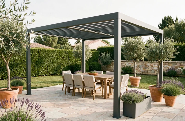 Pergola aluminium 4x3 anthracite installée sur une terrasse provençale avec table en bois et chaises en lin