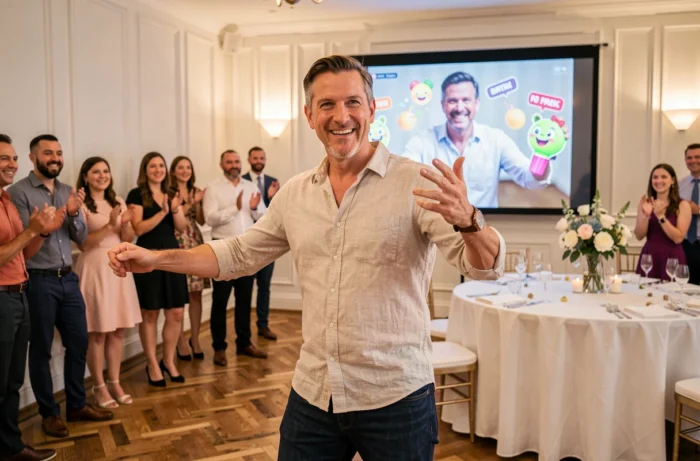 Homme utilisant un photobooth interactif en réalité augmentée lors d'une fête privée