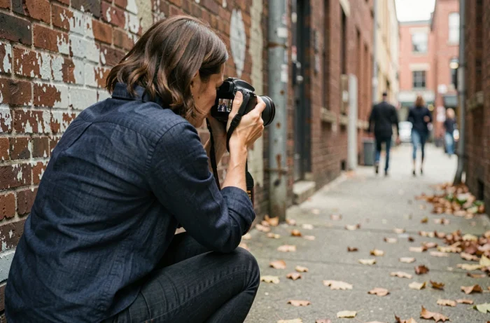 Photographe professionnelle accroupie dans une ruelle urbaine en train de cadrer une scène avec son appareil photo reflex, illustrant les techniques de cadrage et les plans photographiques