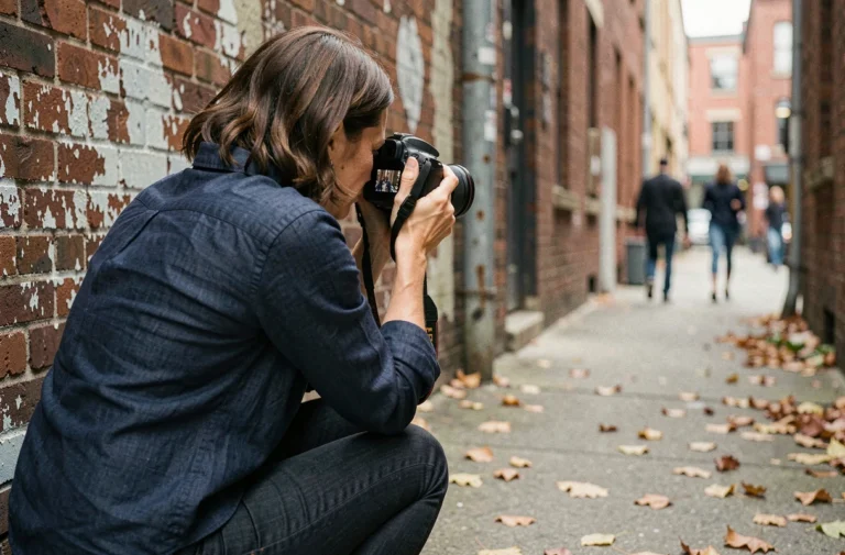 Photographe professionnelle accroupie dans une ruelle urbaine en train de cadrer une scène avec son appareil photo reflex, illustrant les techniques de cadrage et les plans photographiques