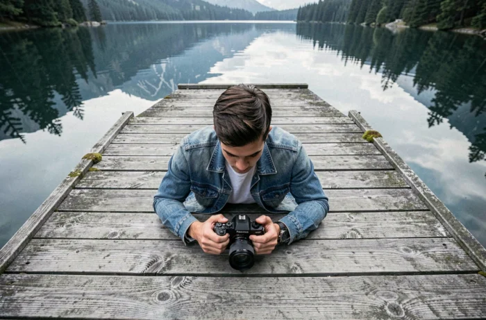 Photographe allongé sur un ponton en bois au-dessus d'un lac de montagne, expérimentant un plan en contre-plongée et des angles de cadrage créatifs pour illustrer les techniques de composition photo