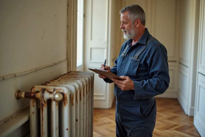 Plombier examinant un radiateur en fonte ancien dans un couloir d'appartement haussmannien pour estimer son poids
