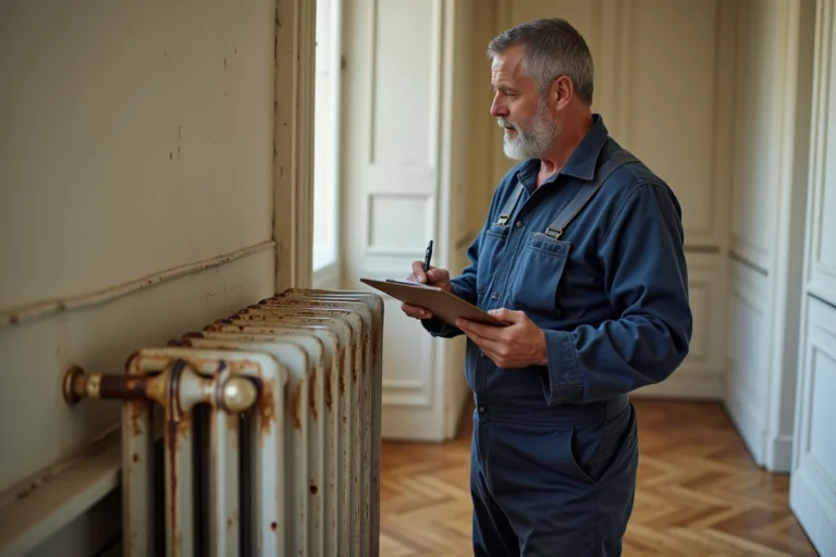 Plombier examinant un radiateur en fonte ancien dans un couloir d'appartement haussmannien pour estimer son poids