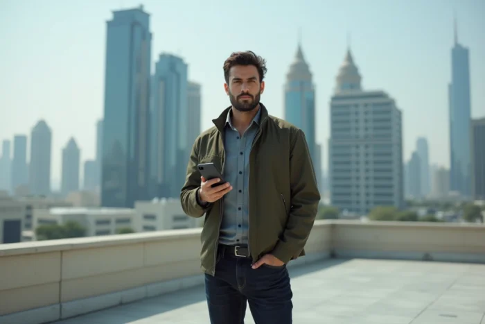 Portrait d'un entrepreneur ambitieux sur une terrasse urbaine avec panorama de gratte-ciels en arrière-plan