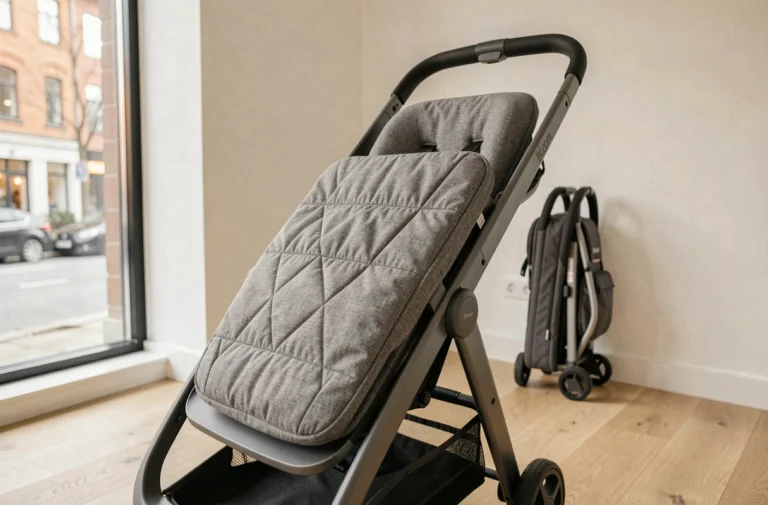 Poussette Bloom moderne au design épuré dans un appartement scandinave, avec siège en tissu gris texturé et châssis mat élégant