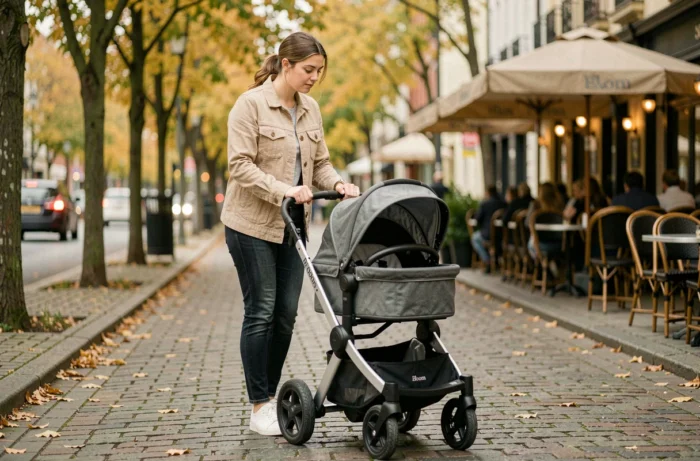 Jeune mère promenant son bébé dans une poussette Bloom sur un trottoir parisien bordé d'arbres aux couleurs automnales