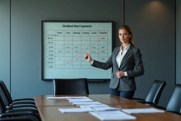 Femme cadre présentant le calendrier de versement des dividendes TotalEnergies lors d'une réunion d'entreprise