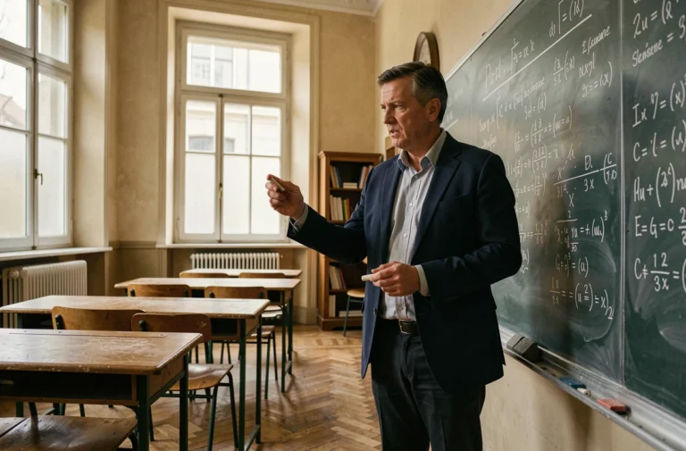 Professeur de classe préparatoire devant un tableau noir rempli d'équations dans un lycée parisien traditionnel
