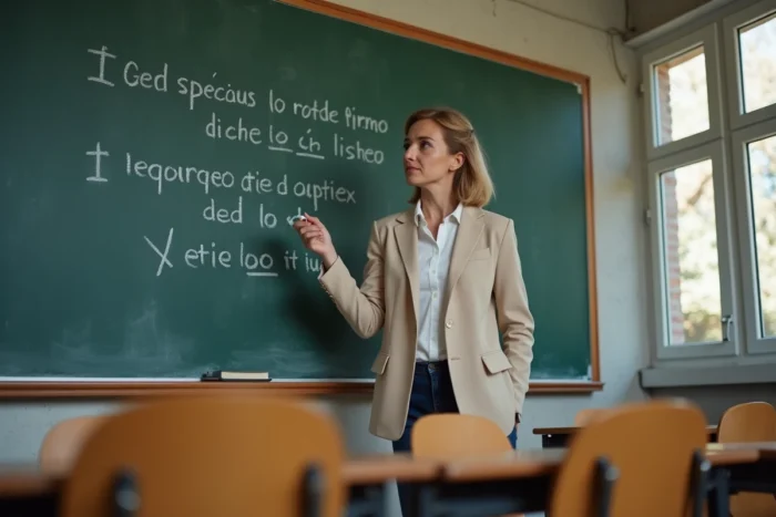 Professeure de français corrigeant une rédaction au tableau devant une classe de 4e