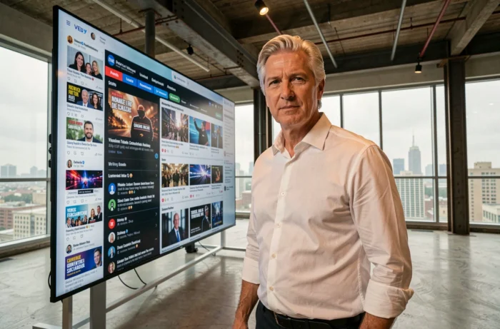 Homme professionnel interagissant avec un grand écran tactile affichant des tendances et informations en temps réel