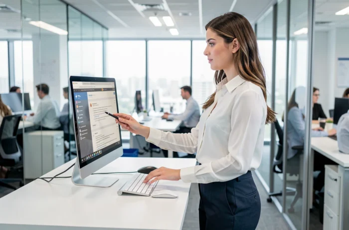 Jeune professionnelle consultant Orange Mail sur un ordinateur de bureau dans un open space moderne