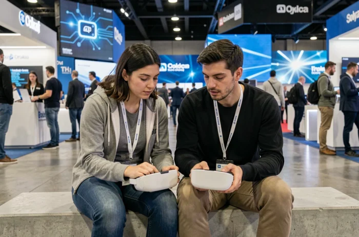 Deux professionnels comparant des casques de réalité augmentée lors d'un salon technologique