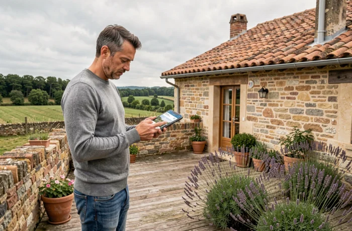 Propriétaire vérifiant son annonce Abritel devant une maison de vacances en Provence