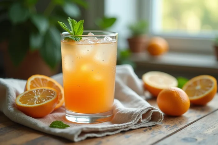 Verre de punch maison décongelé avec fruits frais et conseils de décongélation sur une table en bois