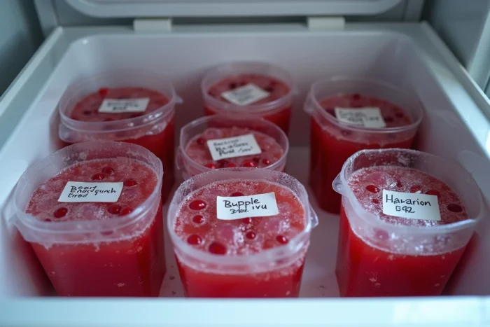 Contenants de punch maison étiquetés et rangés dans un congélateur avec des cristaux de glace visibles
