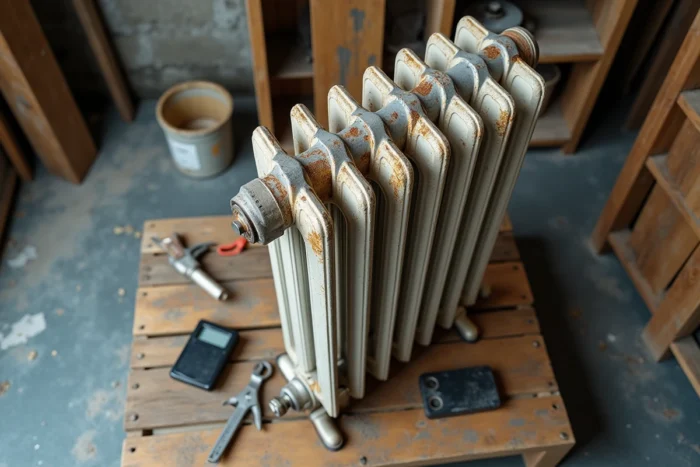 Radiateur en fonte posé sur une palette dans un atelier de rénovation avec outils de plomberie et balance pour peser le radiateur