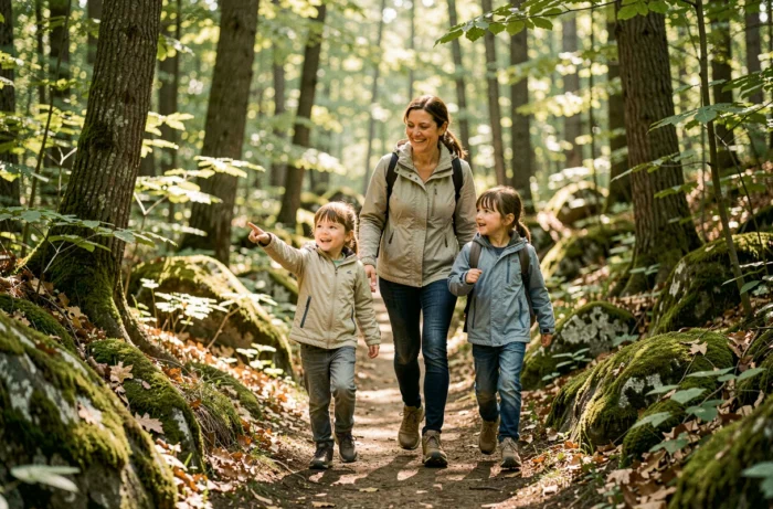 Mère et enfants en randonnée sur un sentier forestier, idée d'activité nature en famille pour les vacances ou le week-end