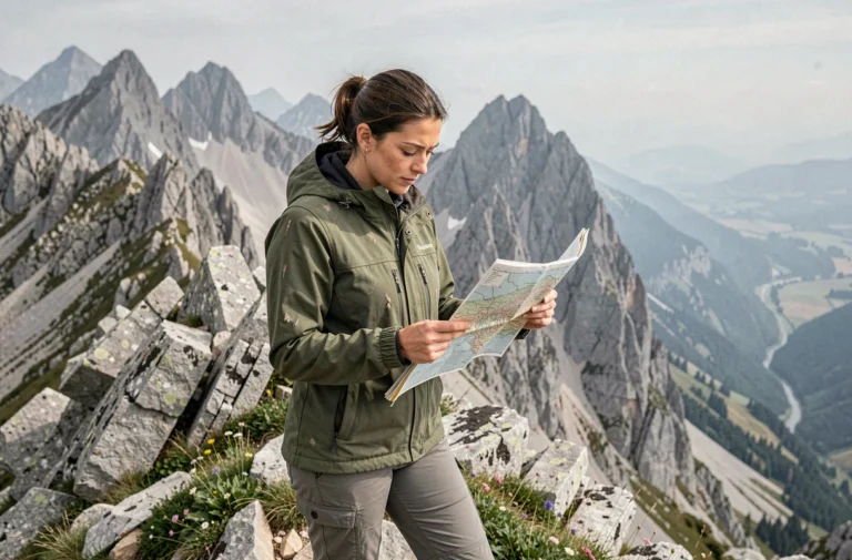 Femme randonneuse consultant une carte topographique sur une crête alpine rocheuse lors d'une aventure outdoor en montagne