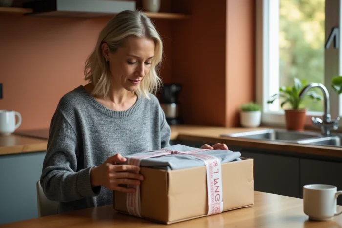 Femme ouvrant un colis Vinted livré à domicile, reçu via le hub de distribution de Harnes, dans une cuisine contemporaine